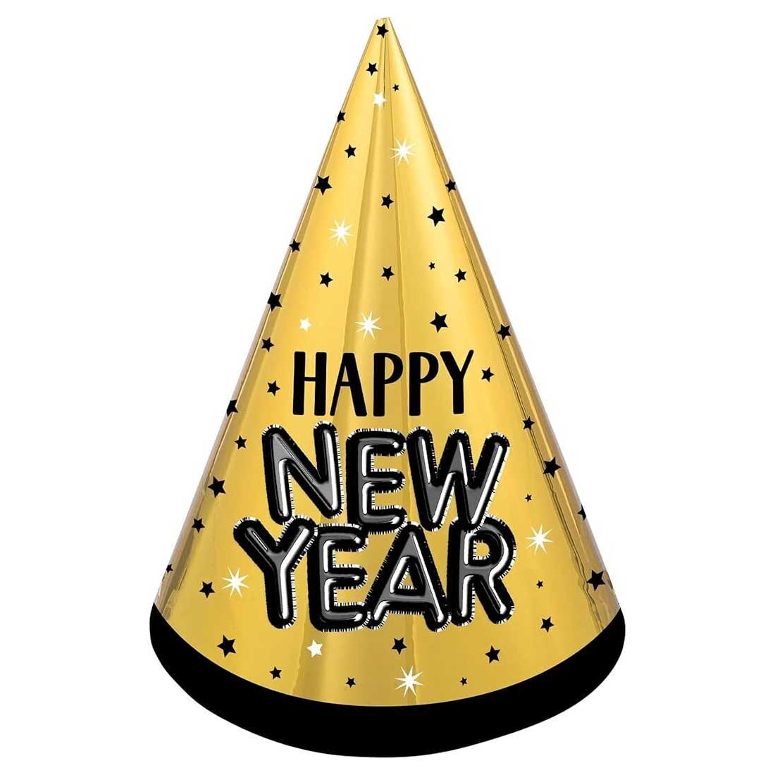 Happy New Year Paper Cone Hat (Black, Silver & Gold)