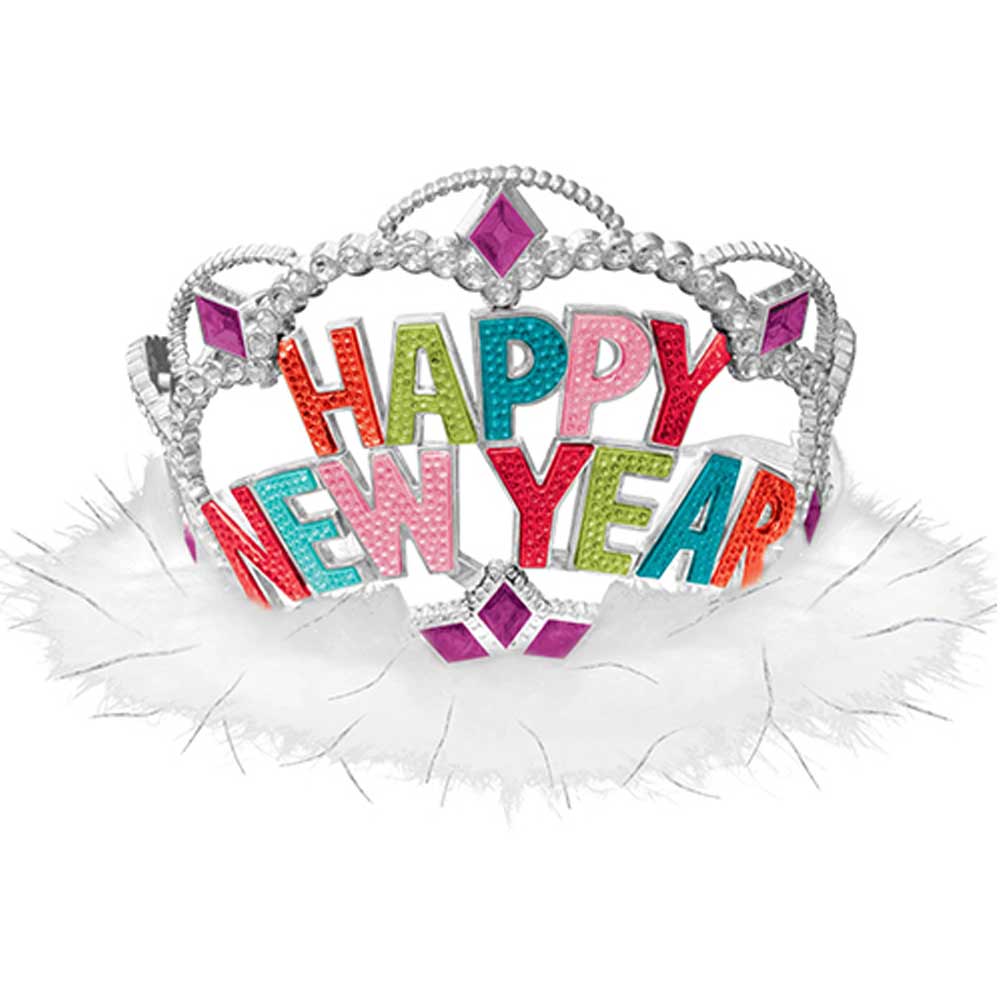Happy New Year Tiara Electroplated Plastic & Marabou