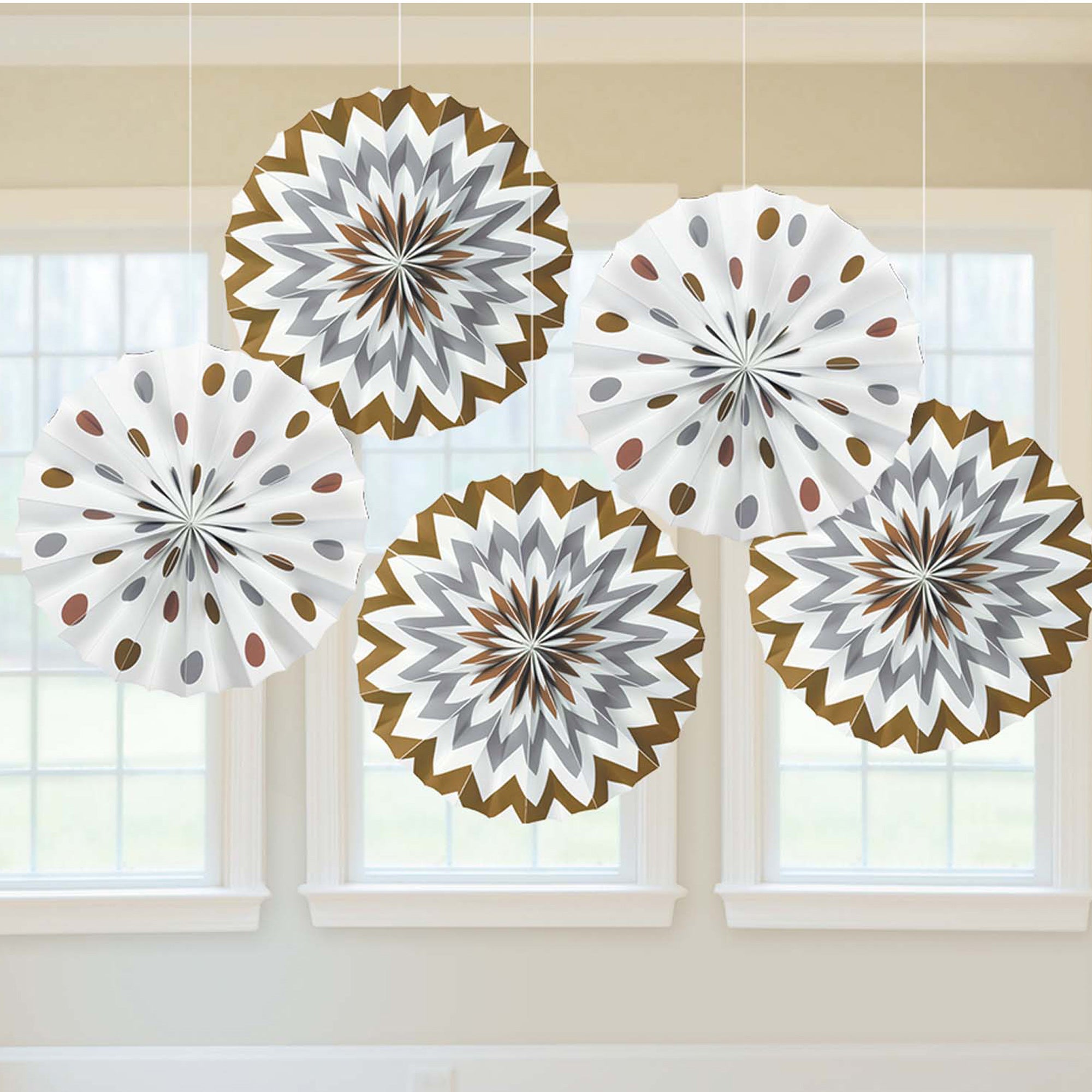 Mixed Metal Dots and Chevron Printed Paper Fan 8in 5pcs