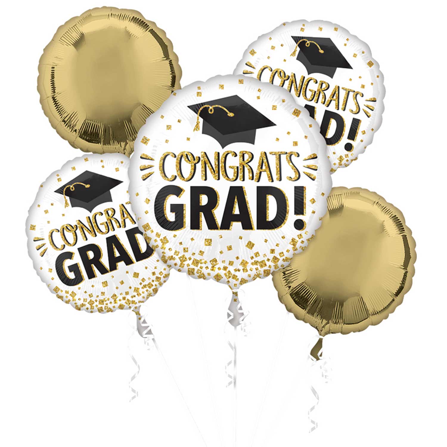 Congrats Grad Gold Glitter Balloon Bouquet, 5pcs