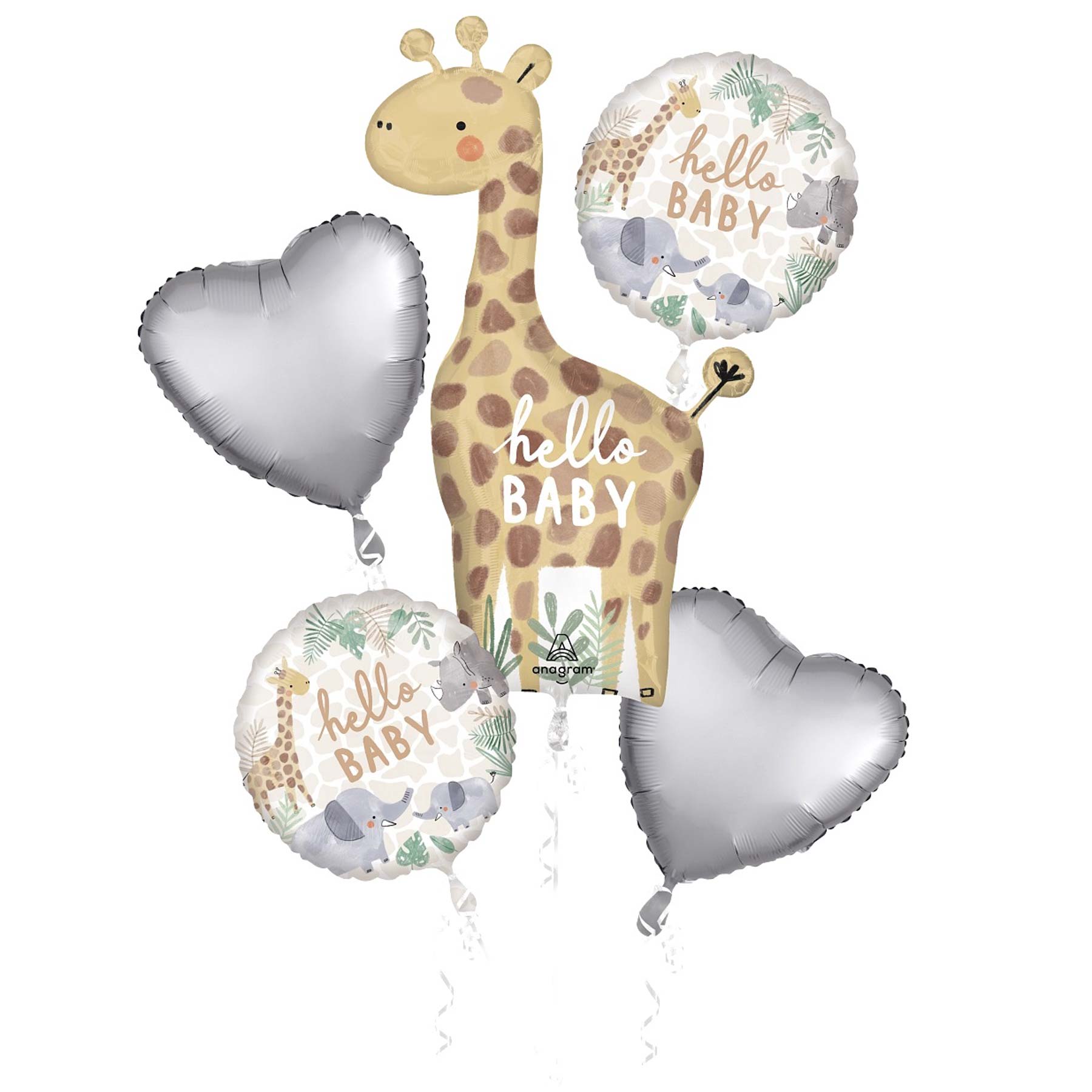 Baby Shower Soft Jungle Hello Baby Balloon Bouquet, 5pcs