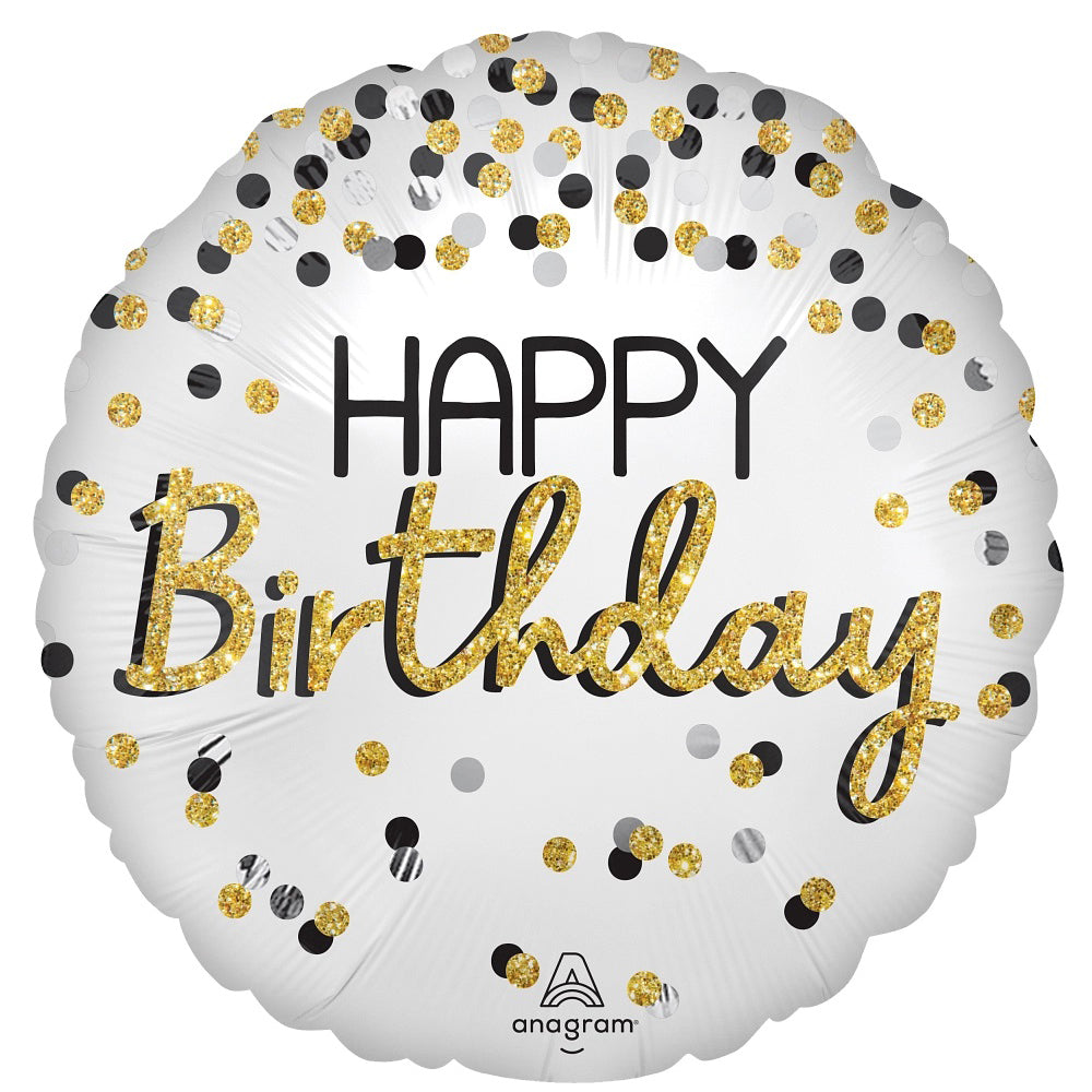 Happy Birthday Satin Black Silver Gold Foil Balloon 18in