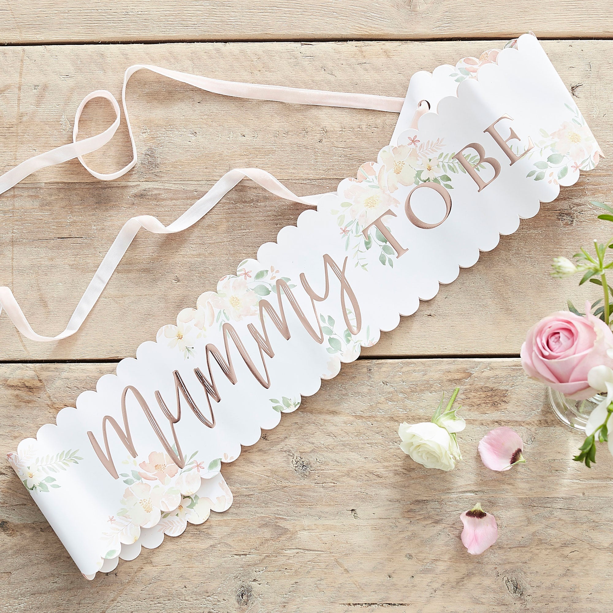Baby in Bloom Floral Rose Gold Mummy To Be Baby Shower Sash
