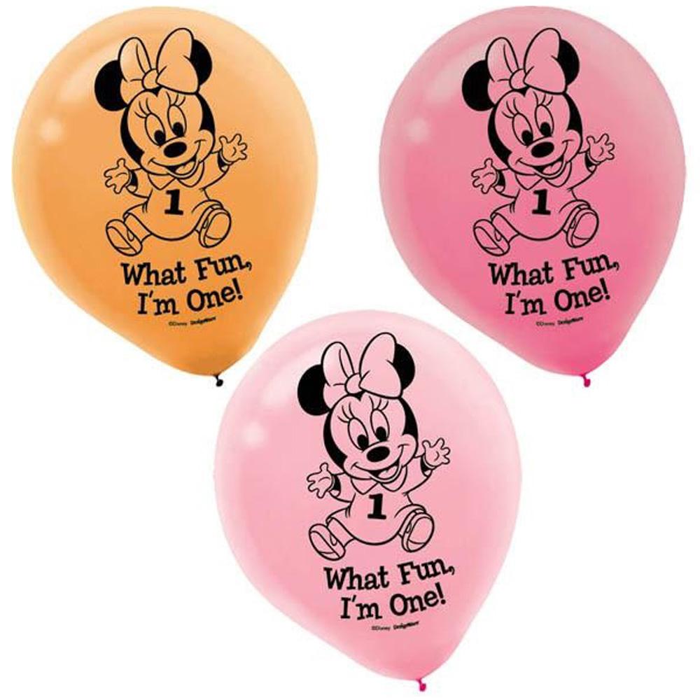 Minnie Mouse 1st Birthday Birthday Latex Balloon 12in, 15pcs Balloons & Streamers - Party Centre