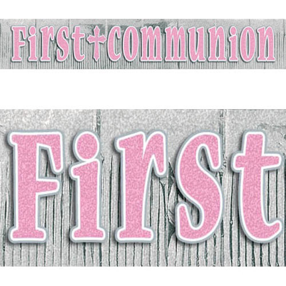 First Communion Pink Glitter Fringe Banner 10ft x 15 1/2in Decorations - Party Centre