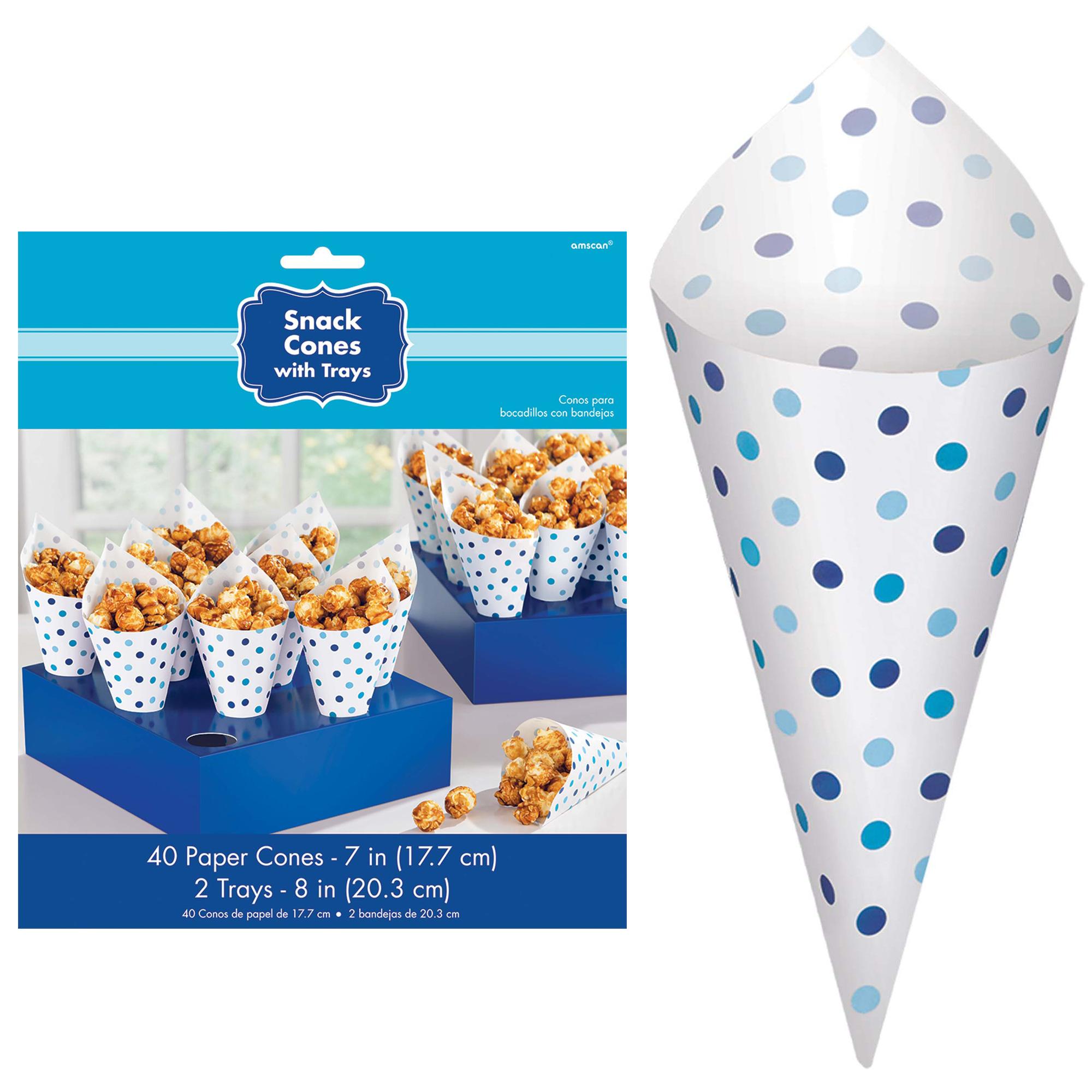 Blue Paper Mini Dots Snack Cones with Tray 42pcs Candy Buffet - Party Centre