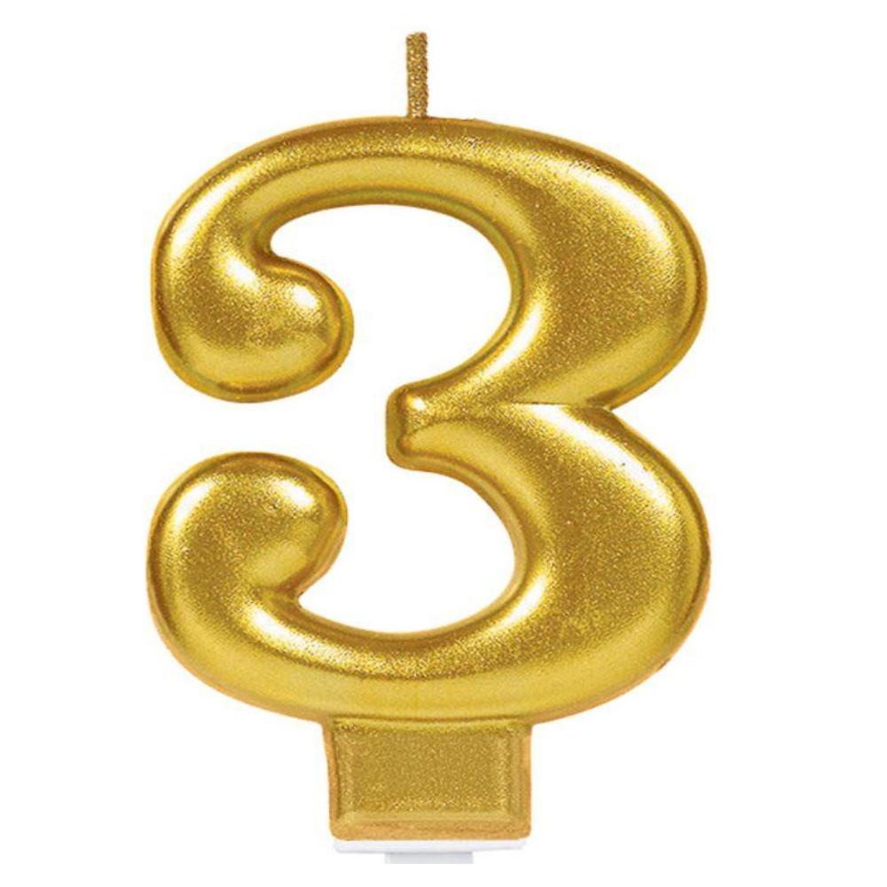 Numeral #3 Metallic Gold Moulded Candle Party Accessories - Party Centre