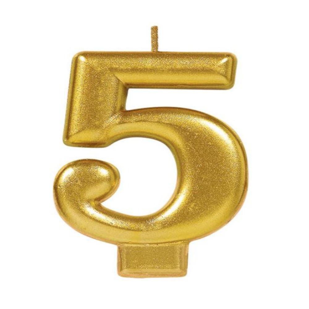 Numeral #5 Metallic Gold Moulded Candle Party Accessories - Party Centre