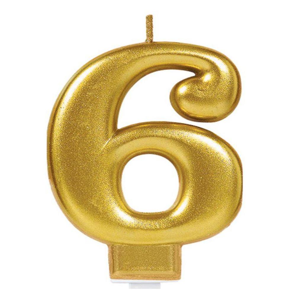 Numeral #6 Metallic Gold Moulded Candle Party Accessories - Party Centre