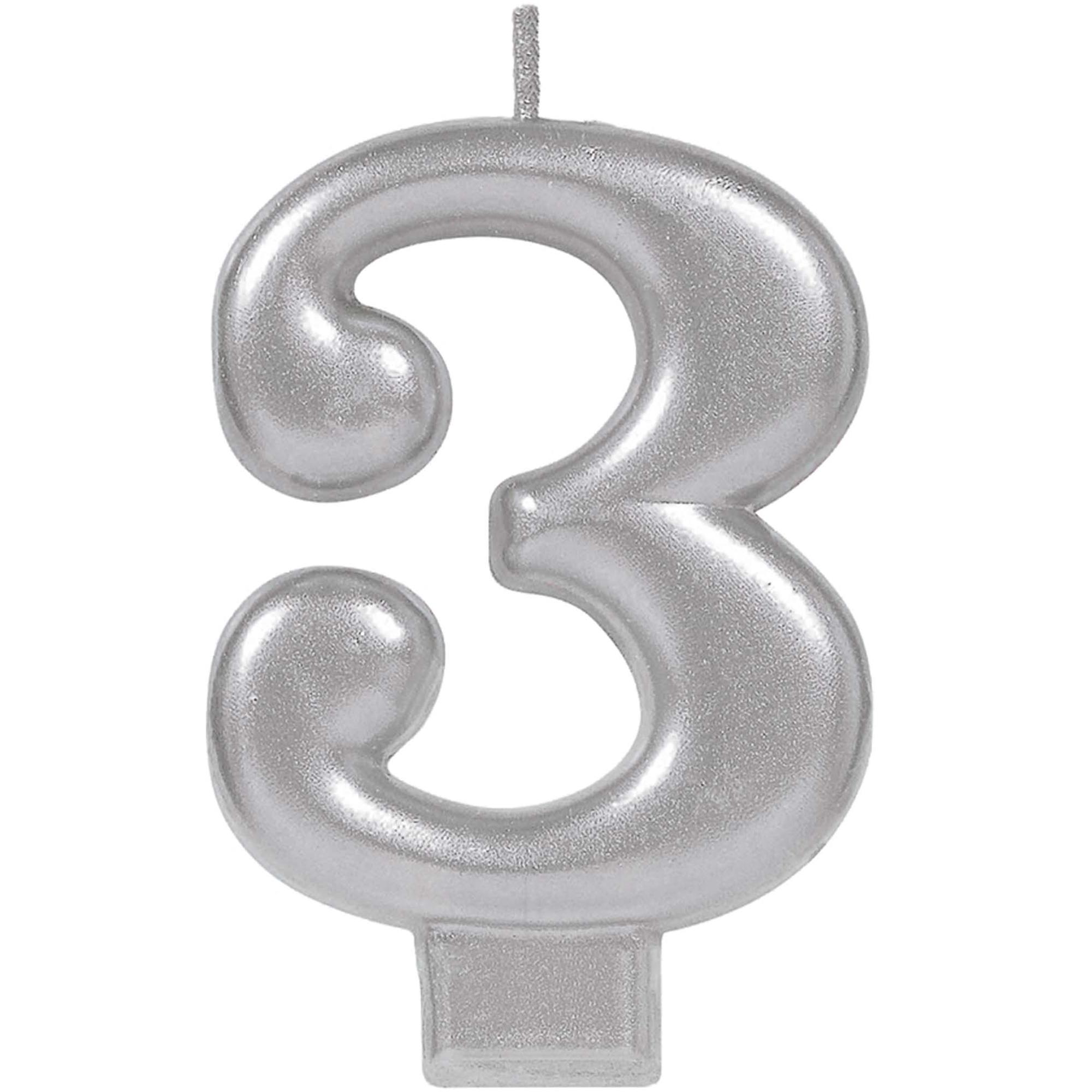 #3 Silver Numeral Metallic Candle Party Accessories - Party Centre