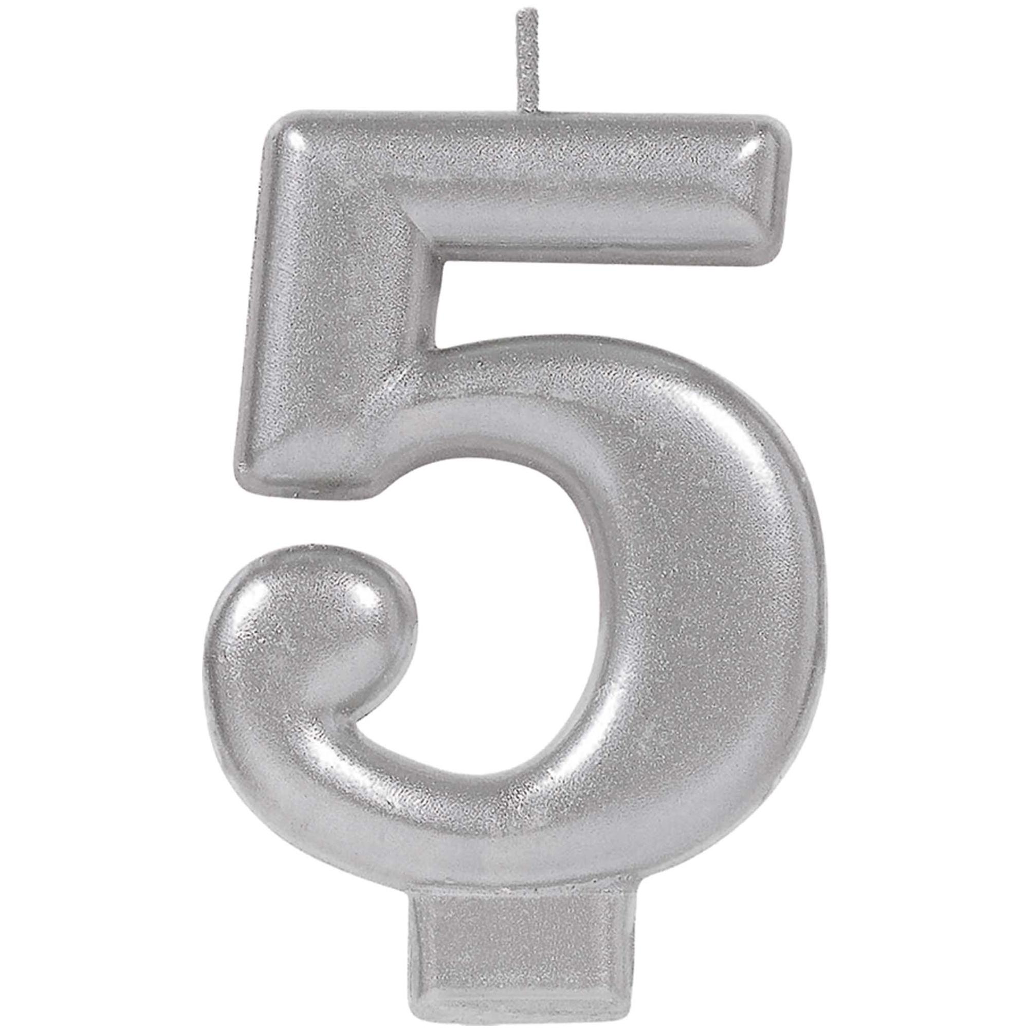 #5 Silver Numeral Metallic Candle Party Accessories - Party Centre