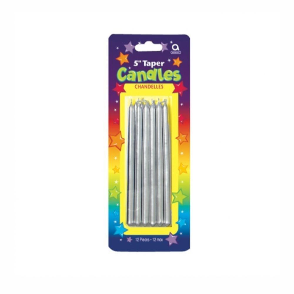 Silver Mini Taper Candles 5in, 12pcs Party Accessories - Party Centre
