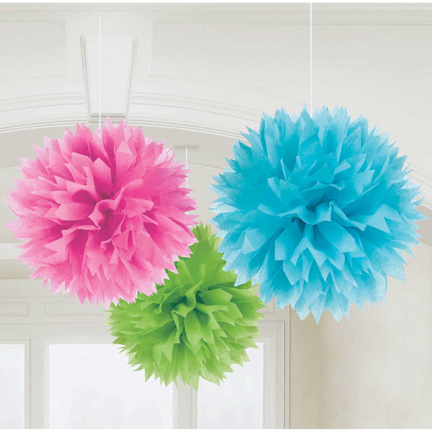 Assorted Color Fluffy Hanging Decorations 16in 3pcs Decorations - Party Centre