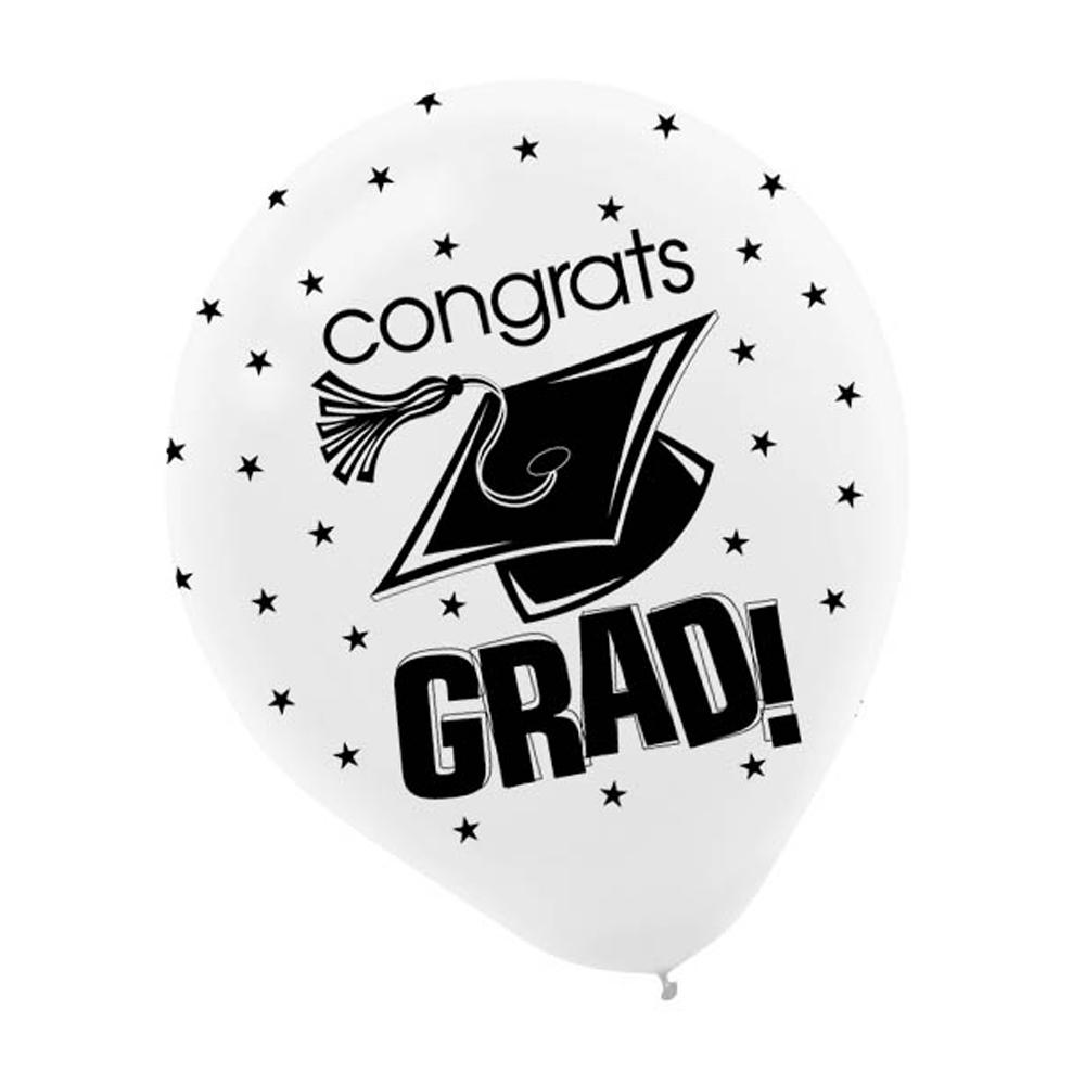 Graduation Printed  White Latex Balloons 12in 15pcs Balloons & Streamers - Party Centre