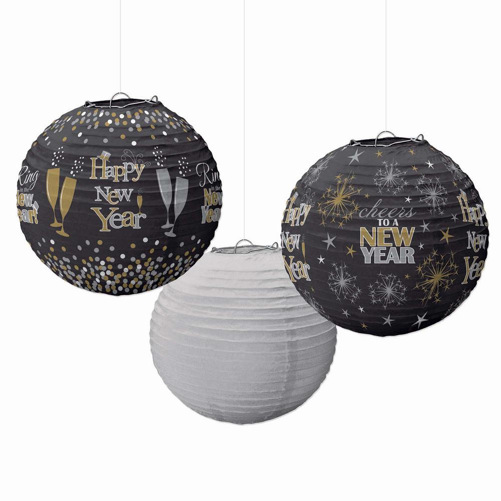 Happy New Year Printed Lanterns 3pcs Decorations - Party Centre