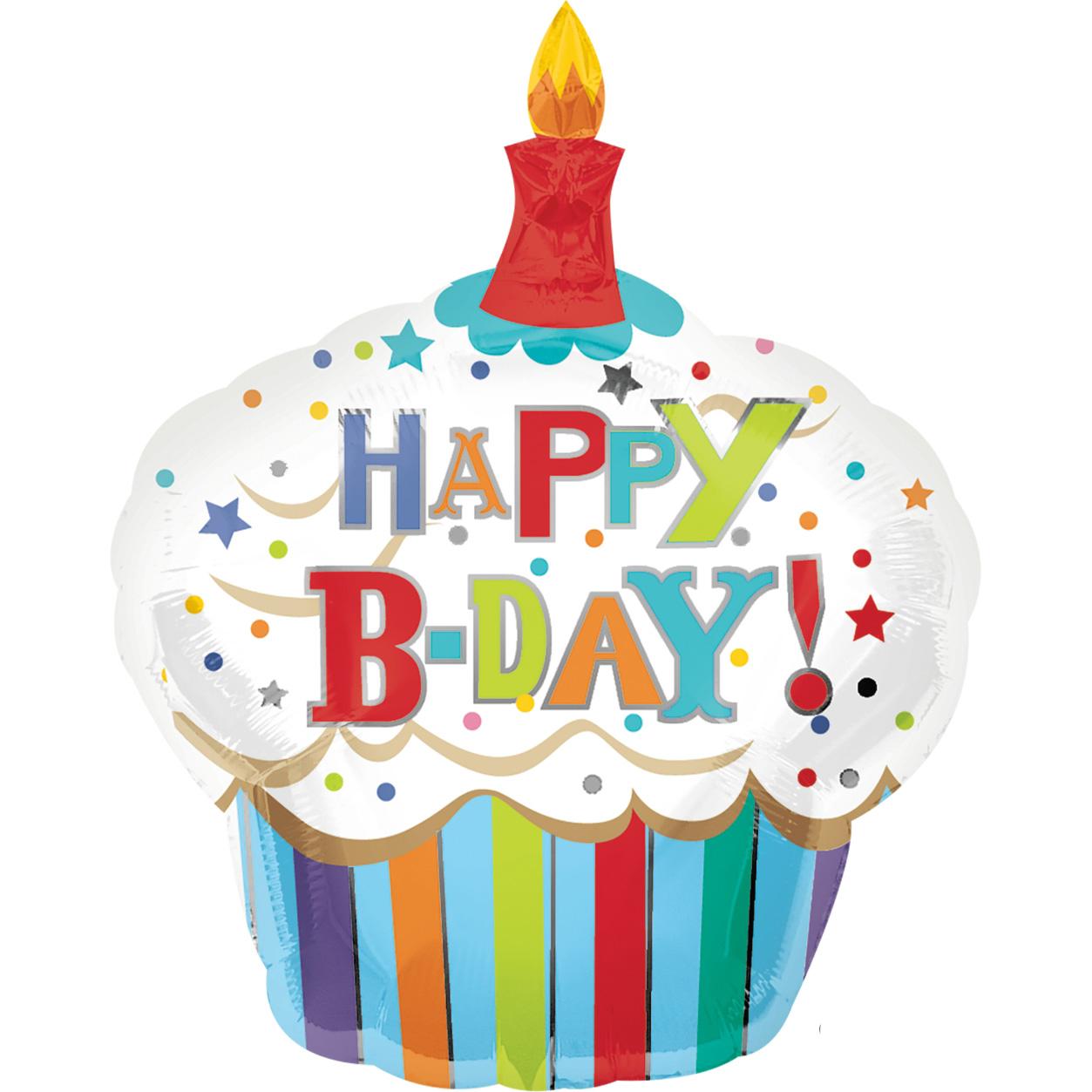 Happy Birthday Striped Cupcake Foil Balloon 29 x 36in Balloons & Streamers - Party Centre