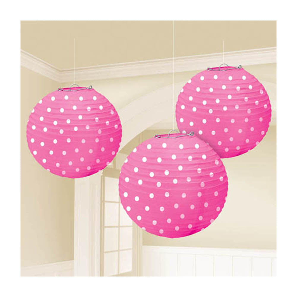 Bright Pink Dots Printed Lanterns 3pcs Decorations - Party Centre
