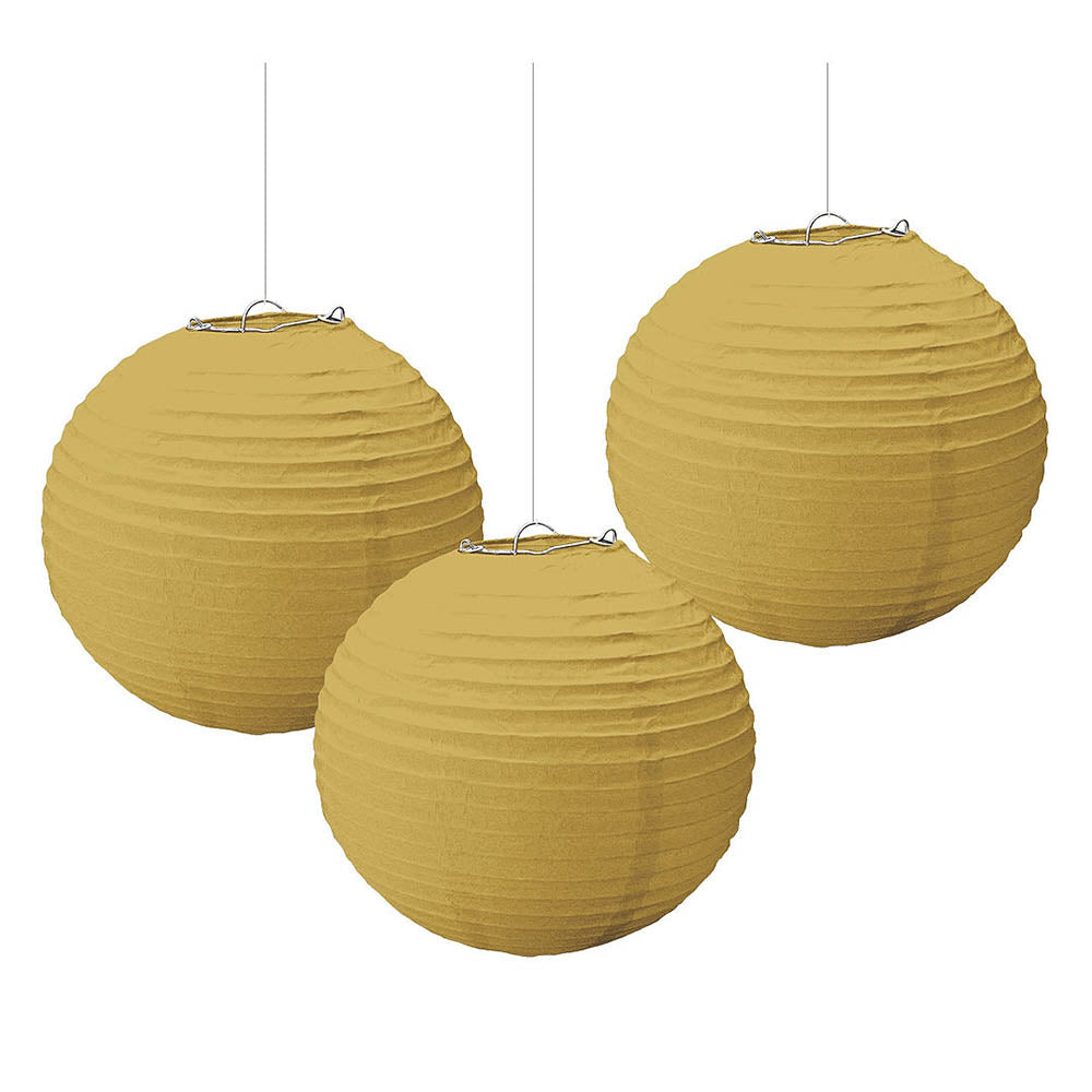 Gold Round Paper Lanterns 9.50in 3pcs Decorations - Party Centre