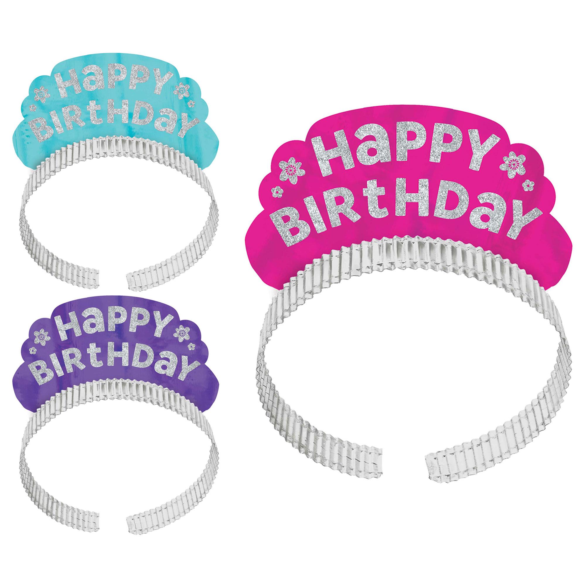 Purple and Teal Happy Birthday Tiara 12pcs Costumes & Apparel - Party Centre