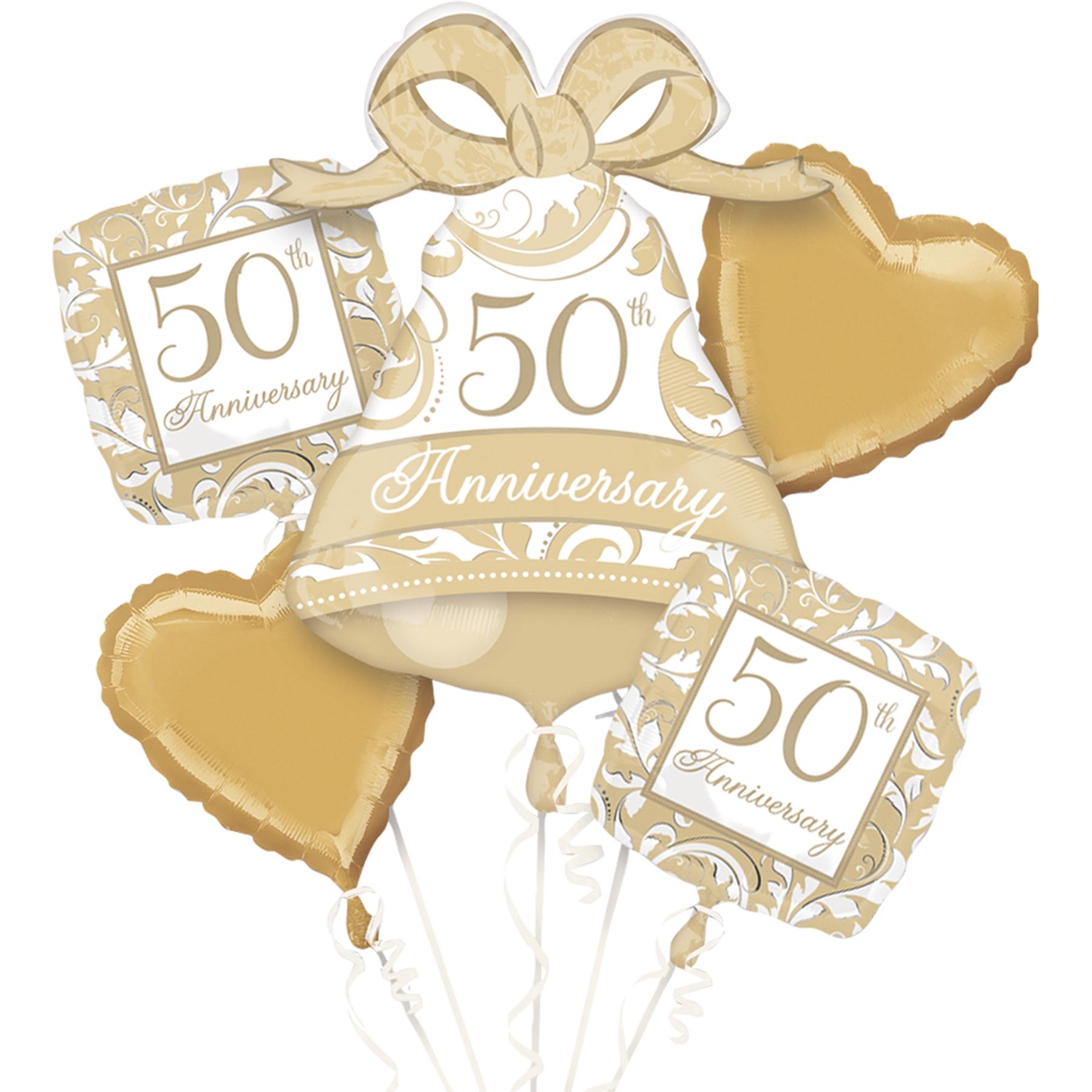 50th Anniversary Gold Scroll Balloon Bouquet 5pcs Balloons & Streamers - Party Centre
