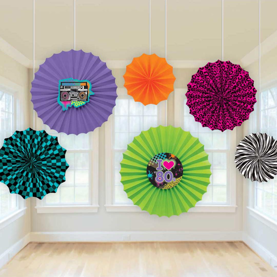 Totally 80's Printed Paper Fan Decorations 6pcs