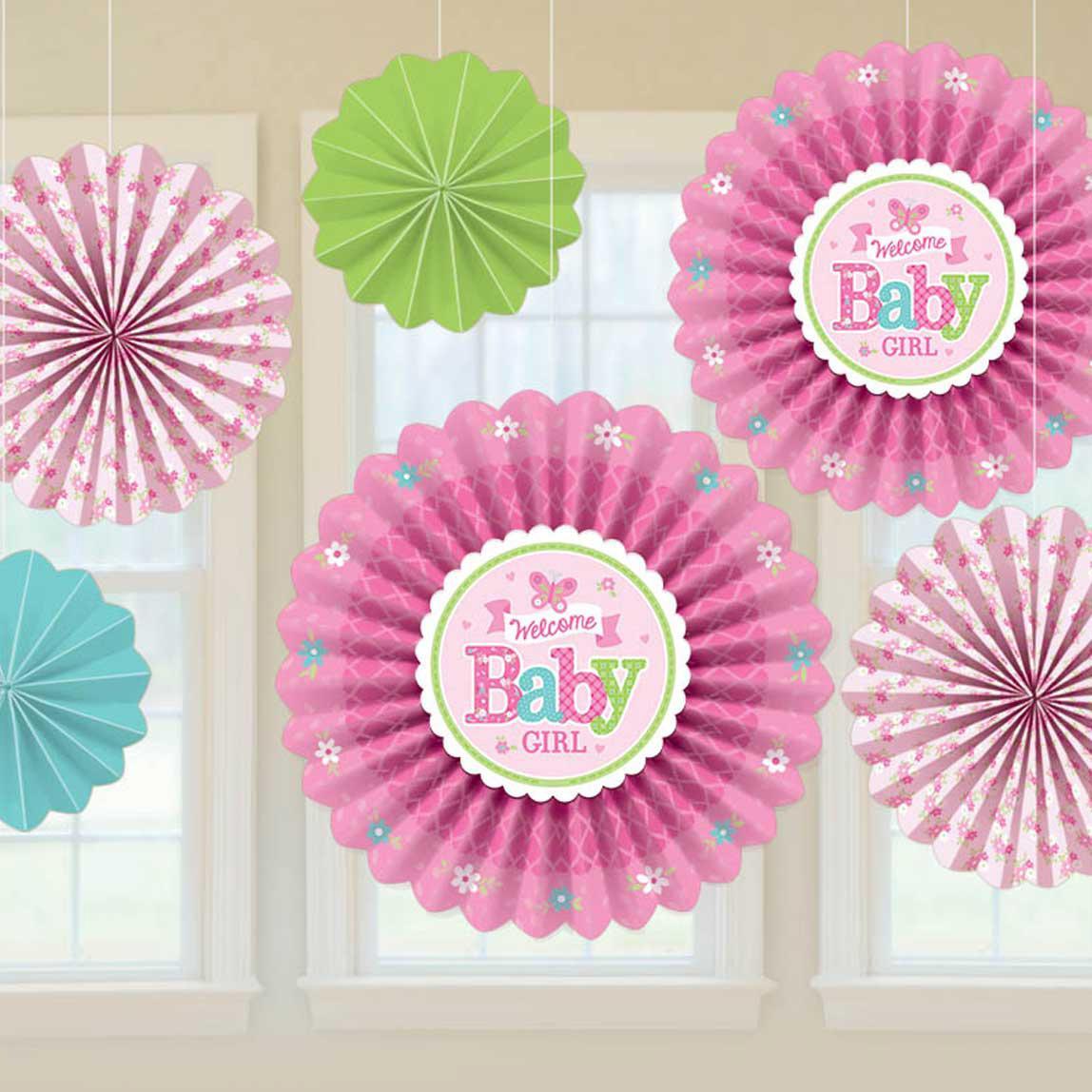 Welcome Little One Baby Girl Paper Fan Decorations 6pcs Decorations - Party Centre