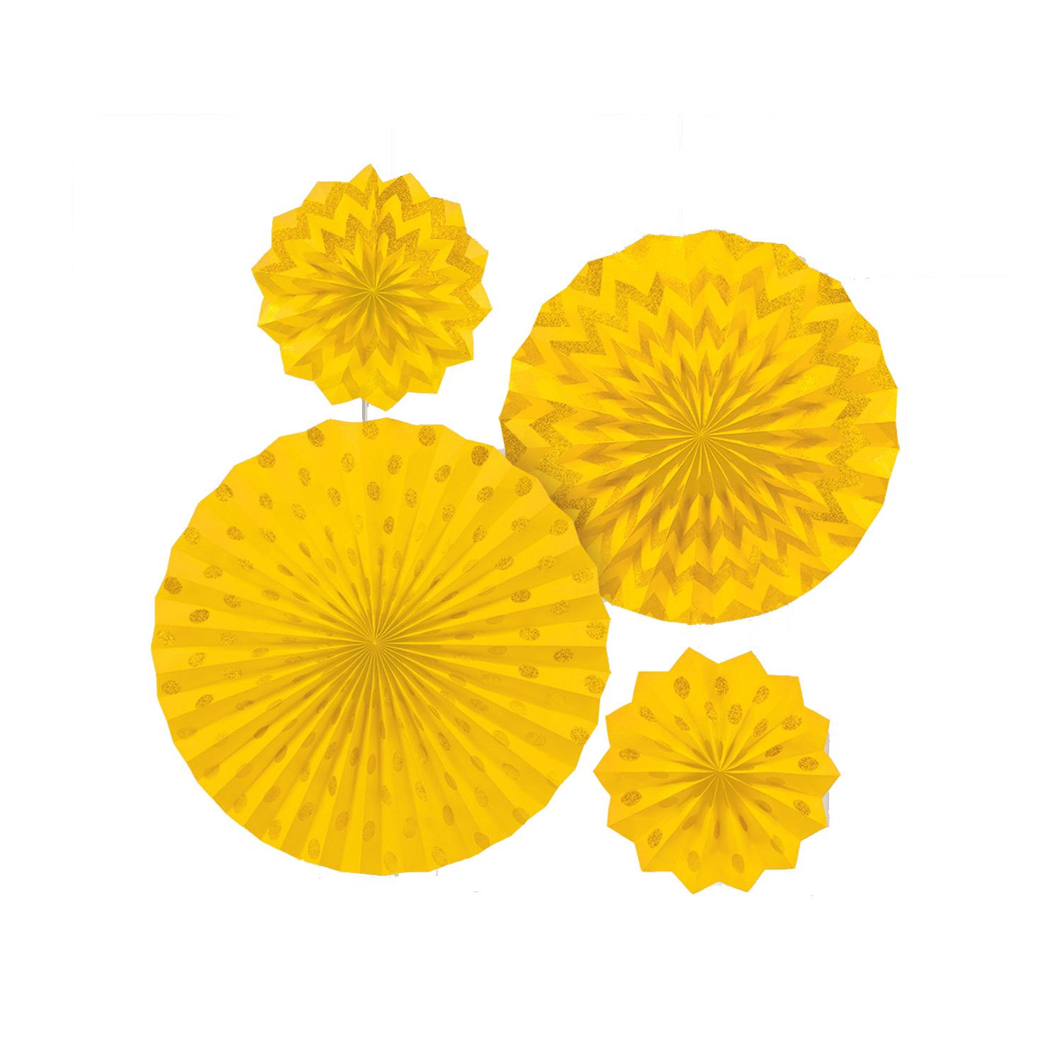 Yellow Sunshine Dots & Chevron Glitter Paper Fans 4pcs Decorations - Party Centre
