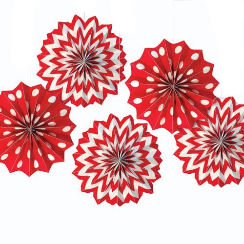 Apple Red Dots & Chevron Printed Paper Fan 8in 5pcs Decorations - Party Centre