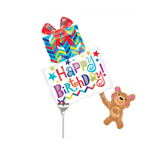 HBD Bear Holding Gifts Mini Shape Foil Balloon Balloons & Streamers - Party Centre