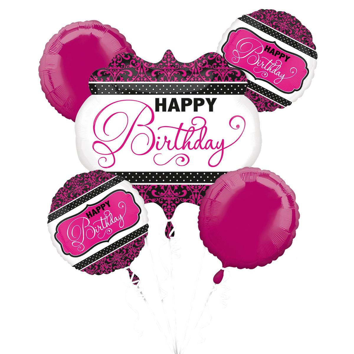 Pink Black & White Birthday Balloon Bouquet 5 pcs Balloons & Streamers - Party Centre