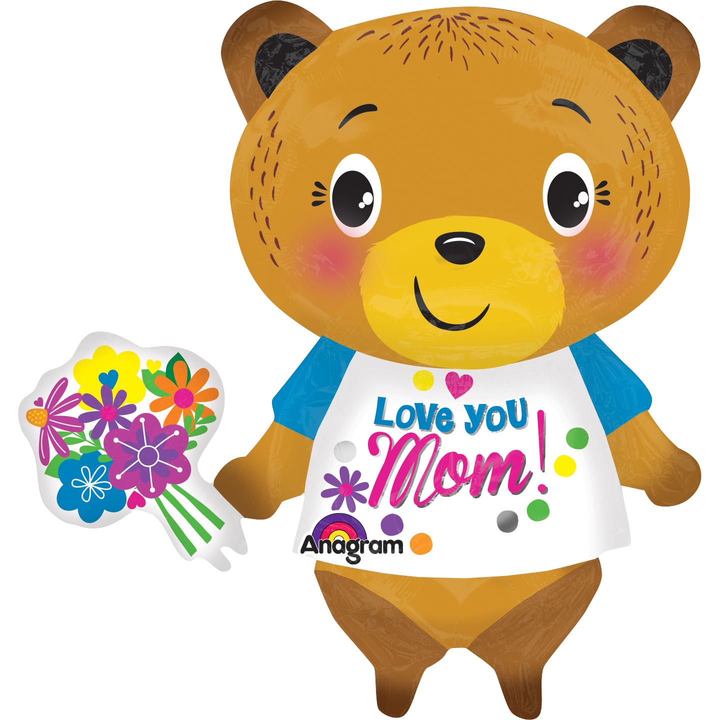 Love You Mom Bear with Flowers SuperShape 19x29in Balloons & Streamers - Party Centre