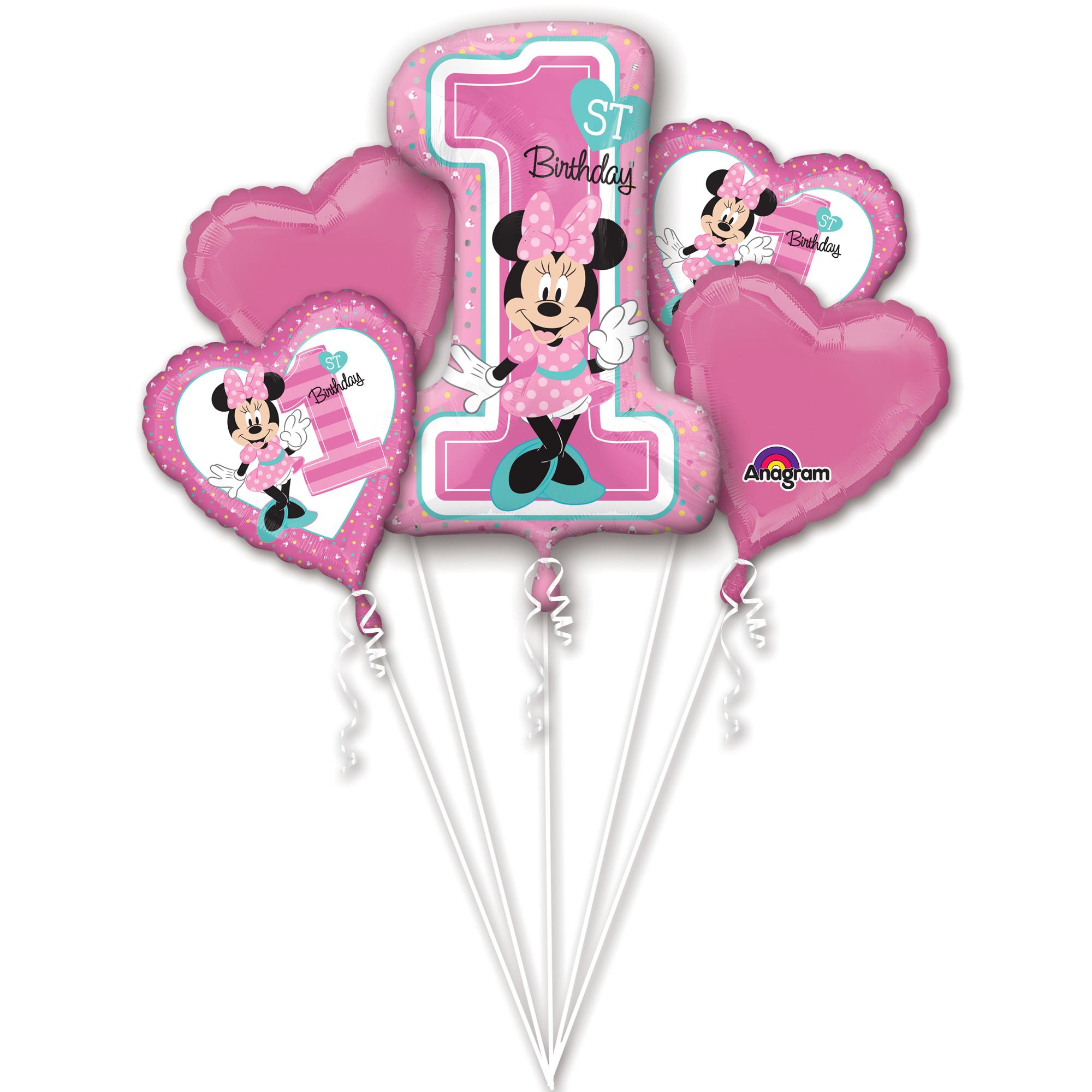 Minnie 1st Birthday Balloon Bouquet 5pcs Balloons & Streamers - Party Centre