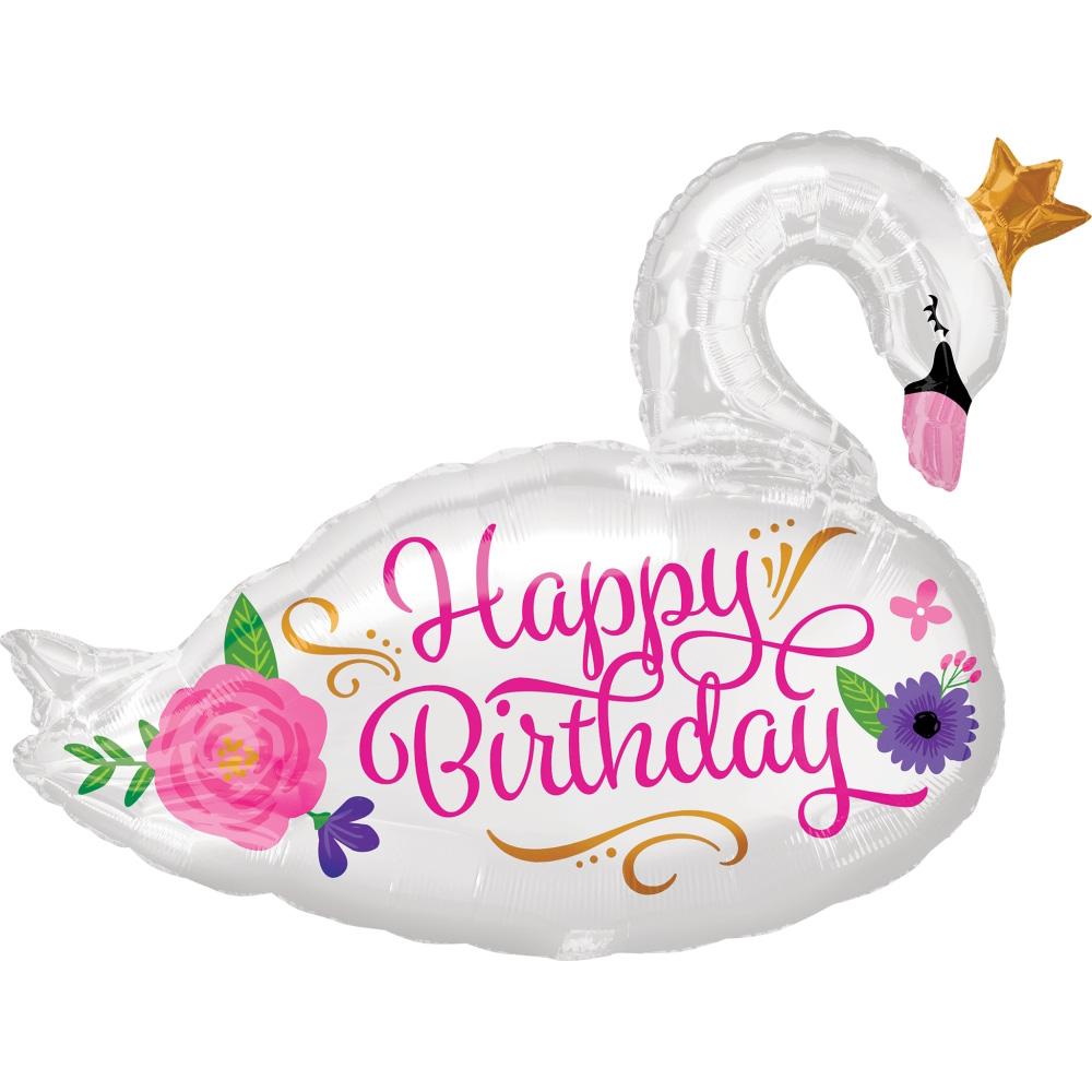 Happy Birthday Beautiful Swan SuperShape Balloon 73x55cm Balloons & Streamers - Party Centre