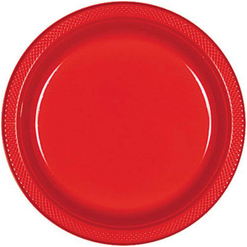 Apple Red Plastic Plates 10.25in, 20pcs Solid Tableware - Party Centre