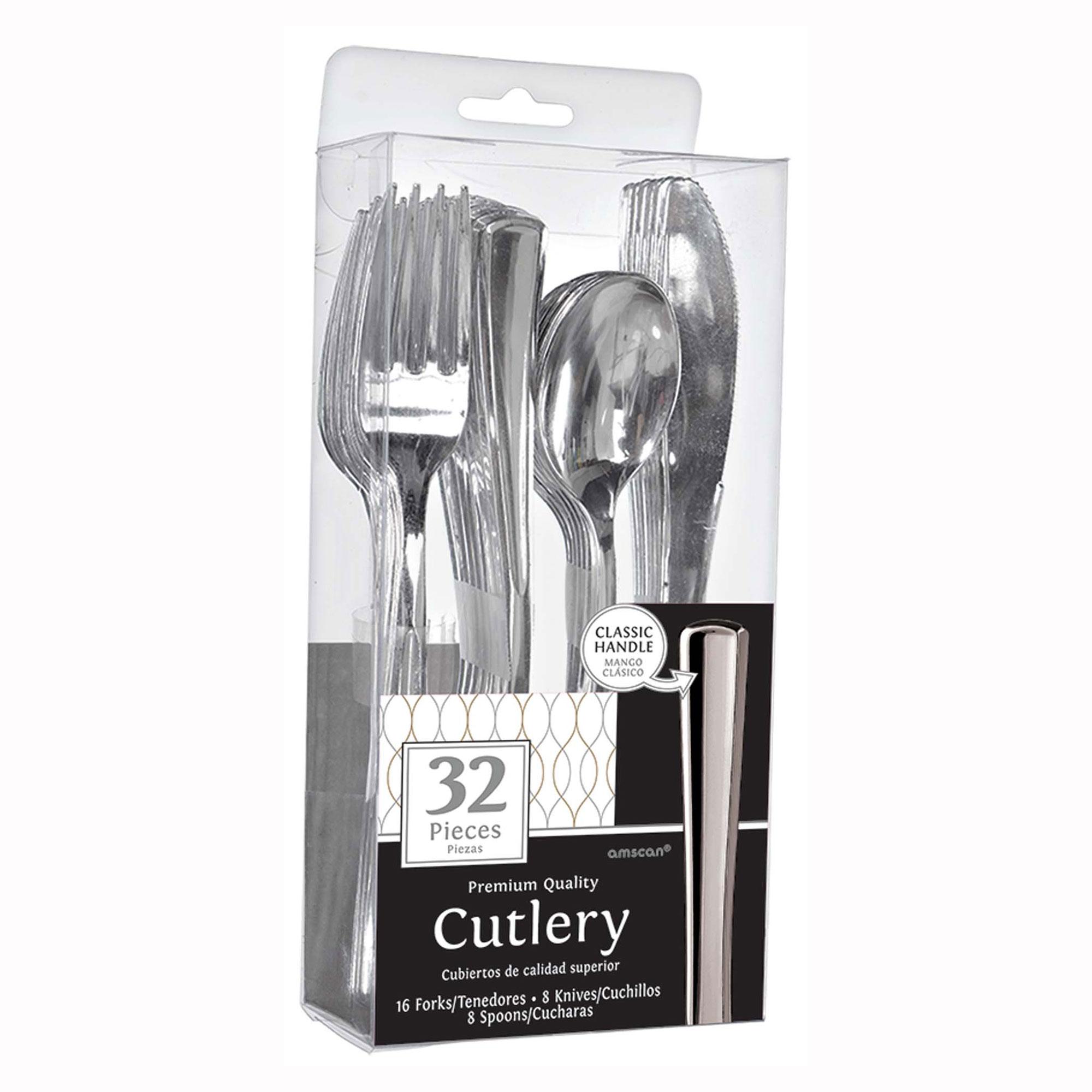 Stainless Silver Premium Plastic Cutlery 32pcs Solid Tableware - Party Centre