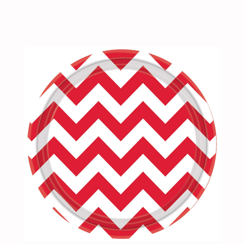 Apple Red  Chevron Round Party Paper Plates 7in 8pcs Printed Tableware - Party Centre