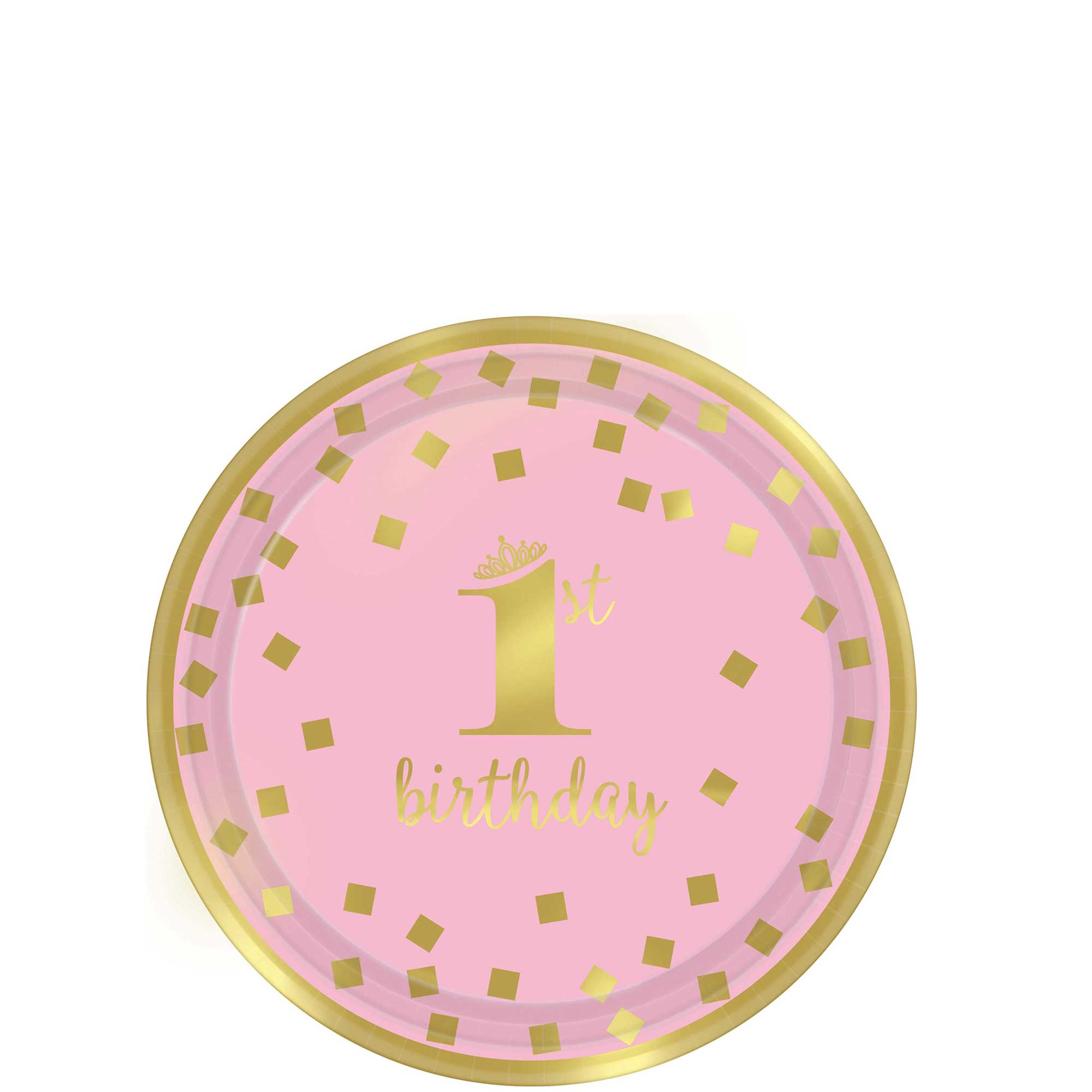 1st Birthday Girl - Gold Metallic Paper Plates 7in, 8pcs Printed Tableware - Party Centre