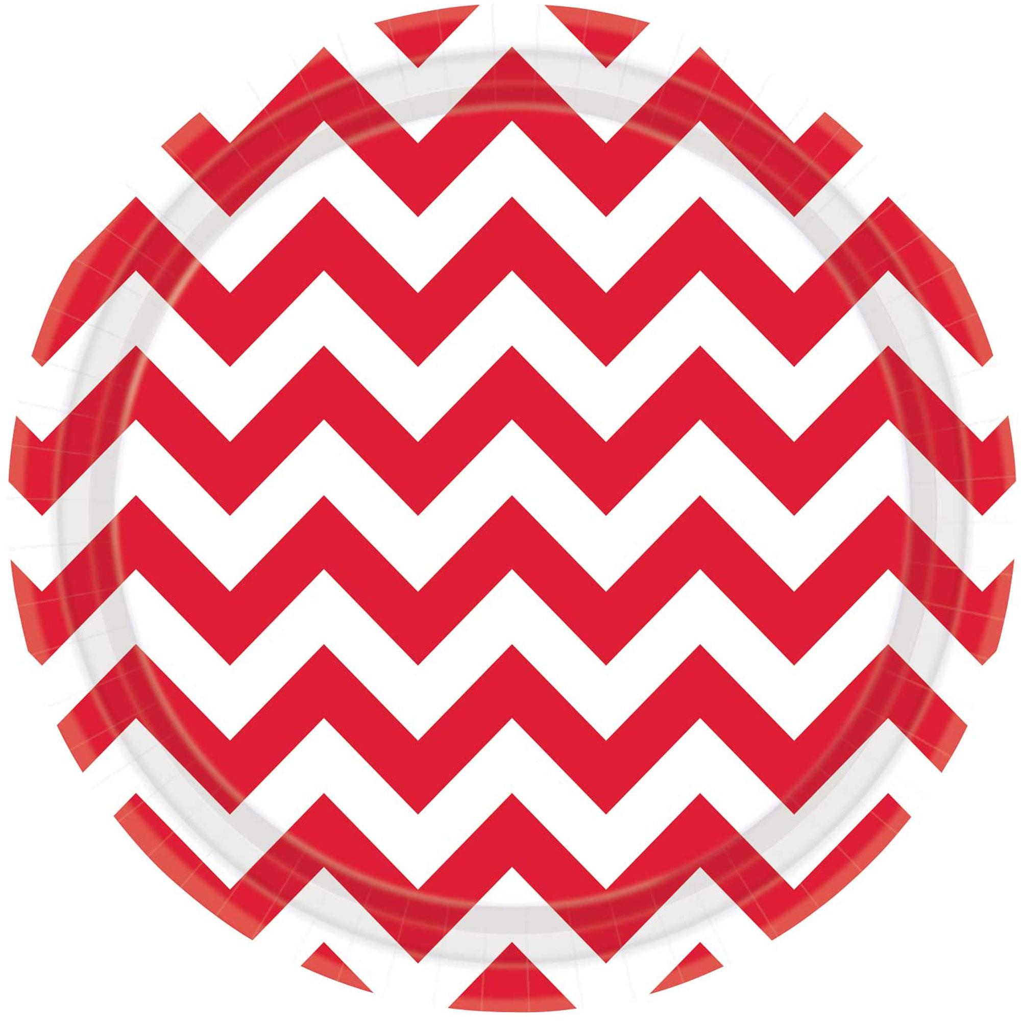 Apple Red  Chevron Round Party Paper Plates 9in 8pcs Printed Tableware - Party Centre