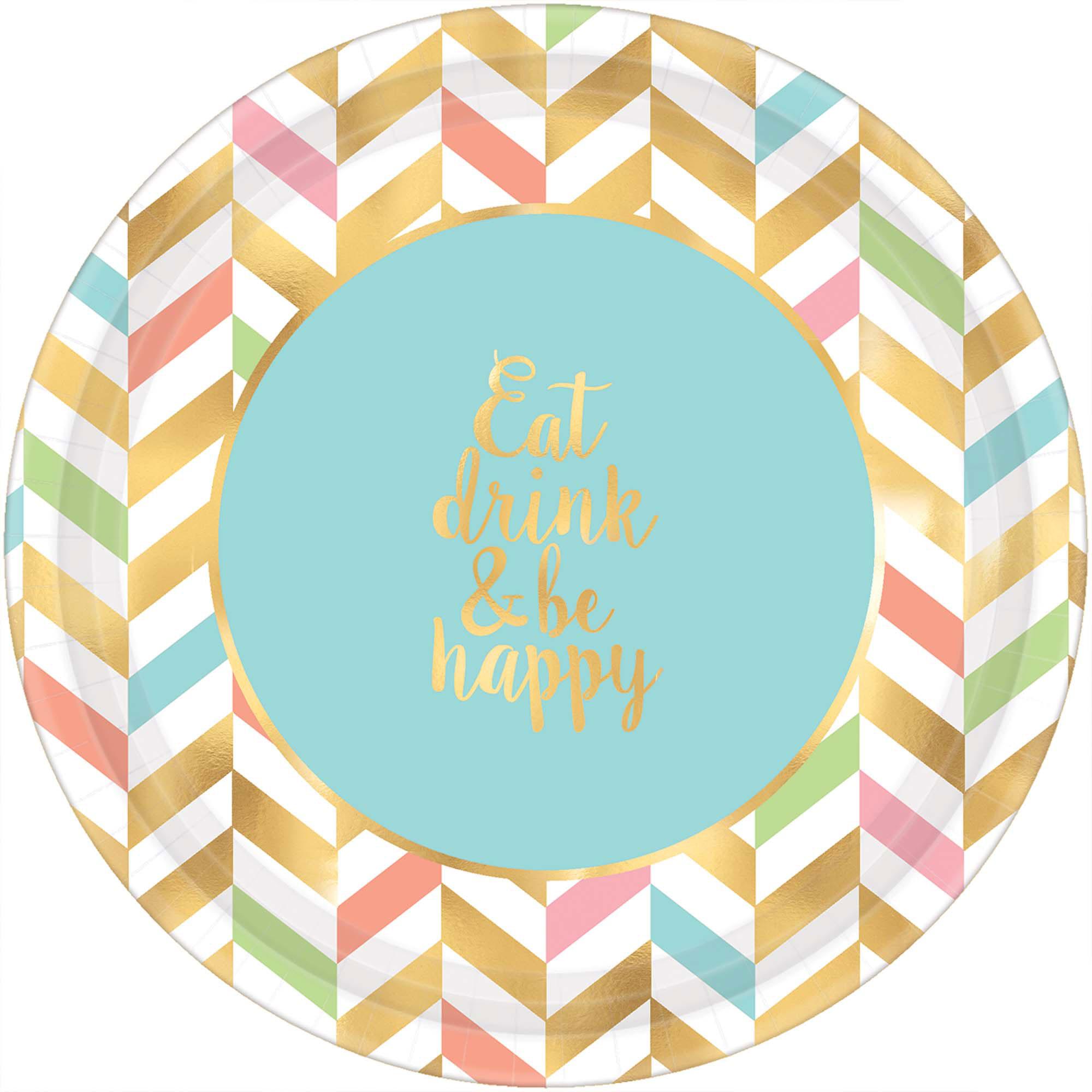 Eat, Drink & Be Happy Paper Plates 10.50in, 8pcs Printed Tableware - Party Centre