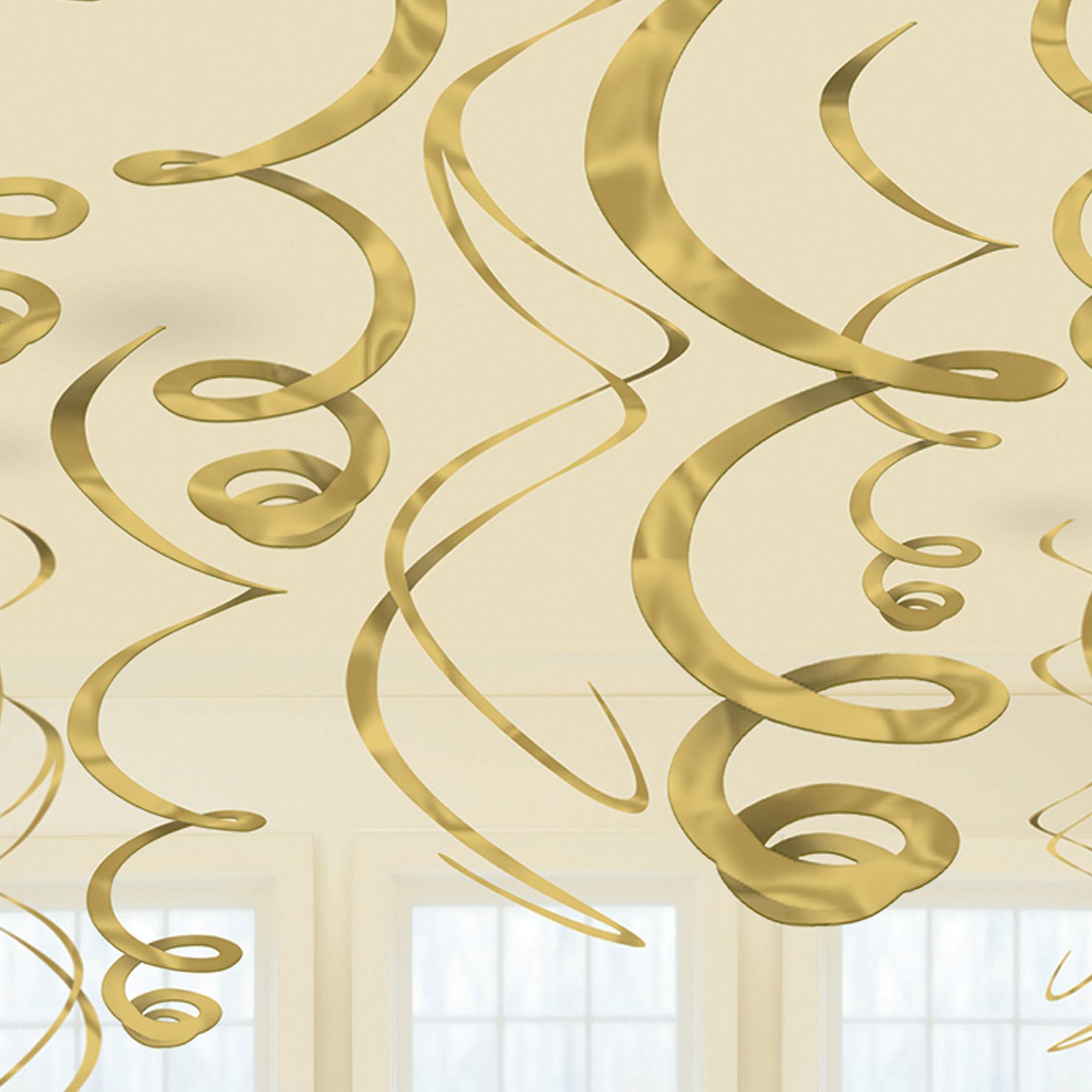 Gold Plastic Swirl Hanging Decorations 22in 12pcs Decorations - Party Centre