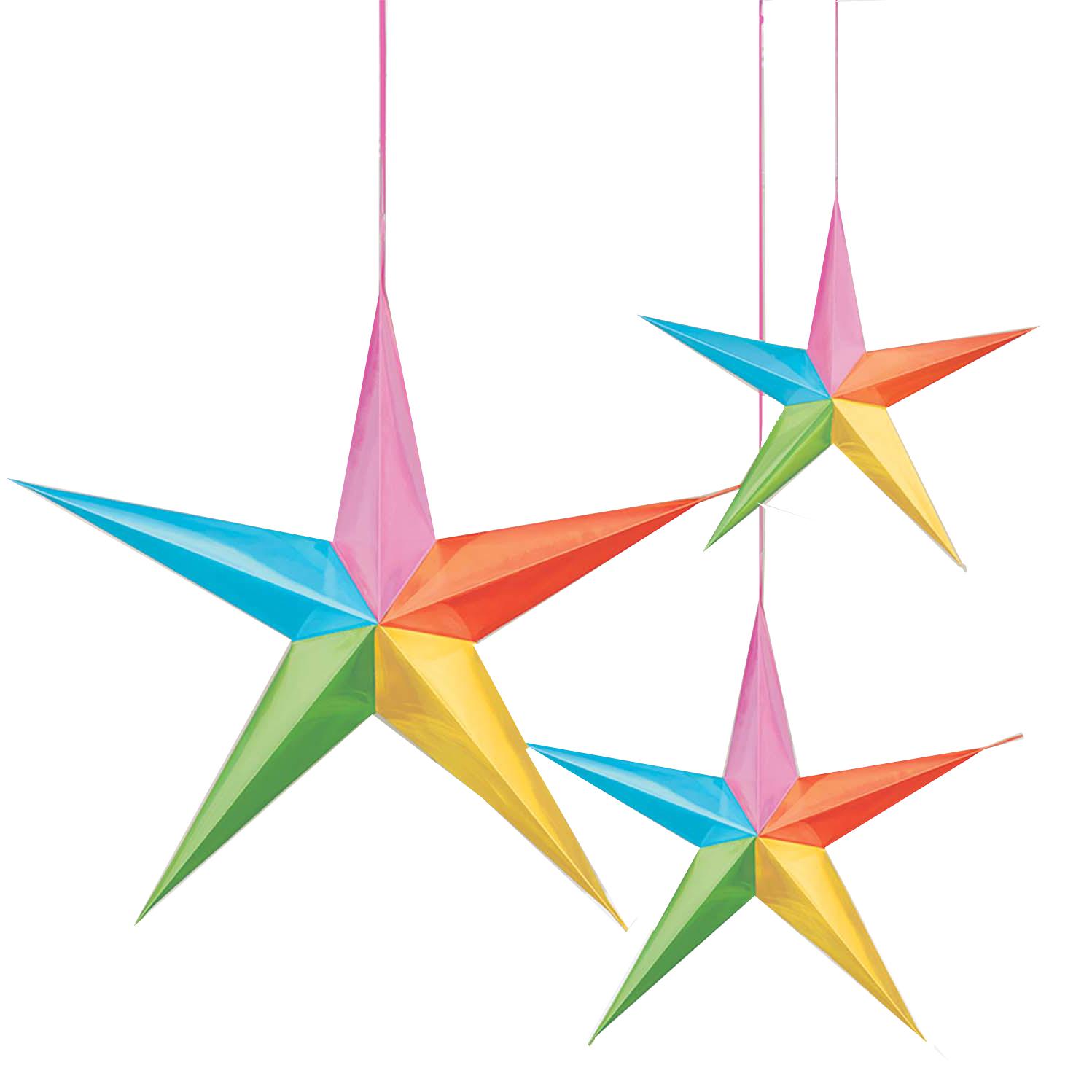 Multi Color Hanging 3D Stars 3pcs Decorations - Party Centre
