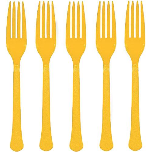 Yellow Sunshine Heavy Weight Plastic Forks 20pcs Solid Tableware - Party Centre