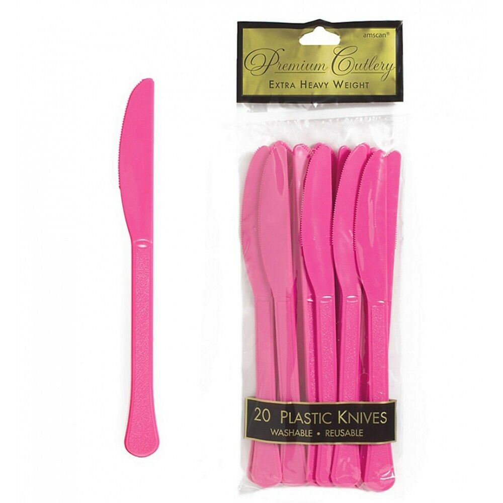 Bright Pink Heavy Weight Plastic Knives 20pcs Solid Tableware - Party Centre