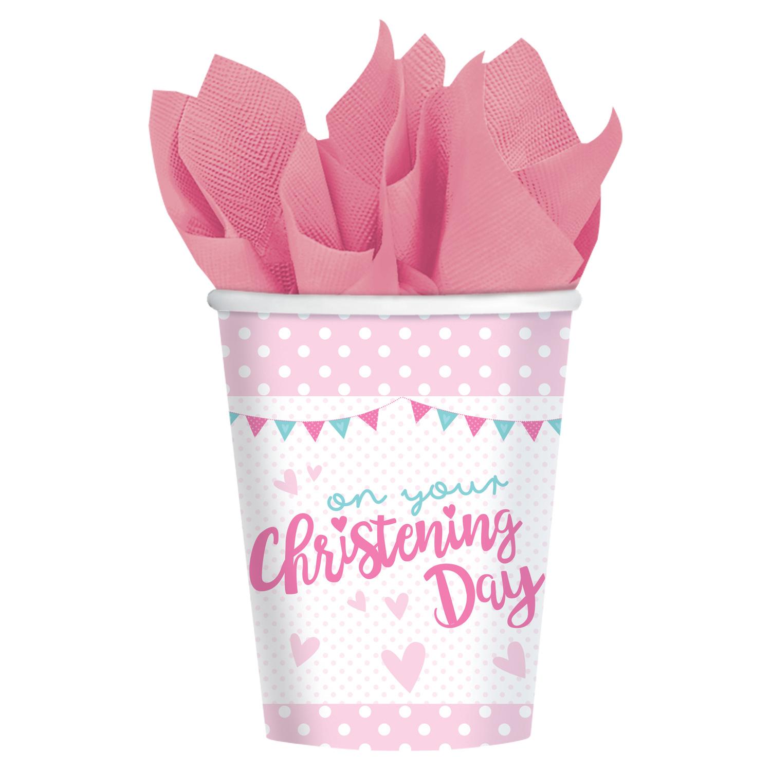 Christening Pink Cups 9oz, 8pcs Printed Tableware - Party Centre