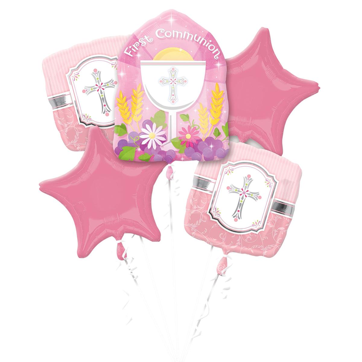 Pink Communion Blessings Bouquet 5pcs Balloons & Streamers - Party Centre