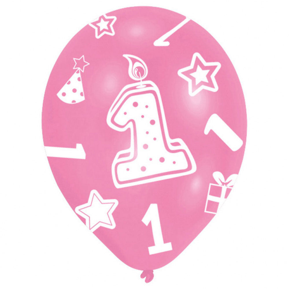 1st Birthday Pink Latex Balloons 11in, 6pcs Balloons & Streamers - Party Centre