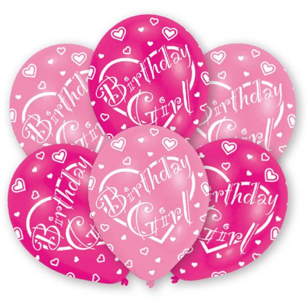 Birthday Girl All Around Printed Latex Balloons 11in, 6pcs Balloons & Streamers - Party Centre