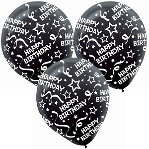 Black Birthday Confetti Latex Balloons 12in, 6pcs Balloons & Streamers - Party Centre