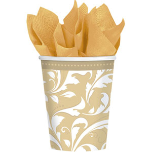 Gold Elegant Scroll Paper Cups 9oz, 8pcs Printed Tableware - Party Centre