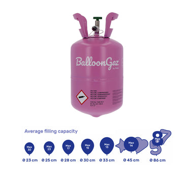 Pink 'BalloonGaz' gas canister with balloon size capacity chart on a white background